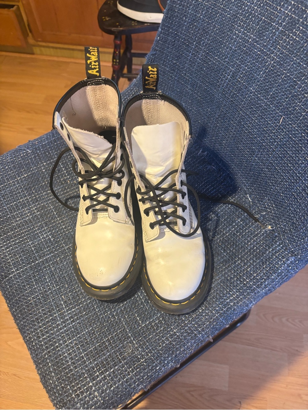 Dr. Martens White Leather 8-Eye Lace-Up Boots with Yellow Stitching size 7
